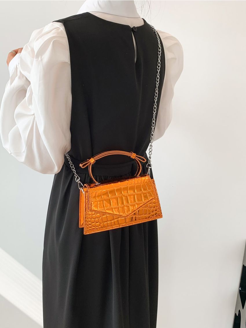 Mini Crocodile Embossed Square Bag Metallic Funky Top Handle