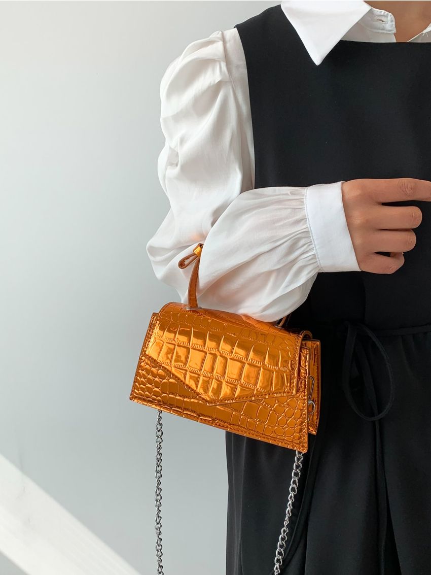 Mini Crocodile Embossed Square Bag Metallic Funky Top Handle