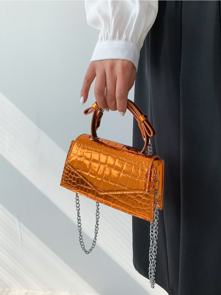 Mini Crocodile Embossed Square Bag Metallic Funky Top Handle