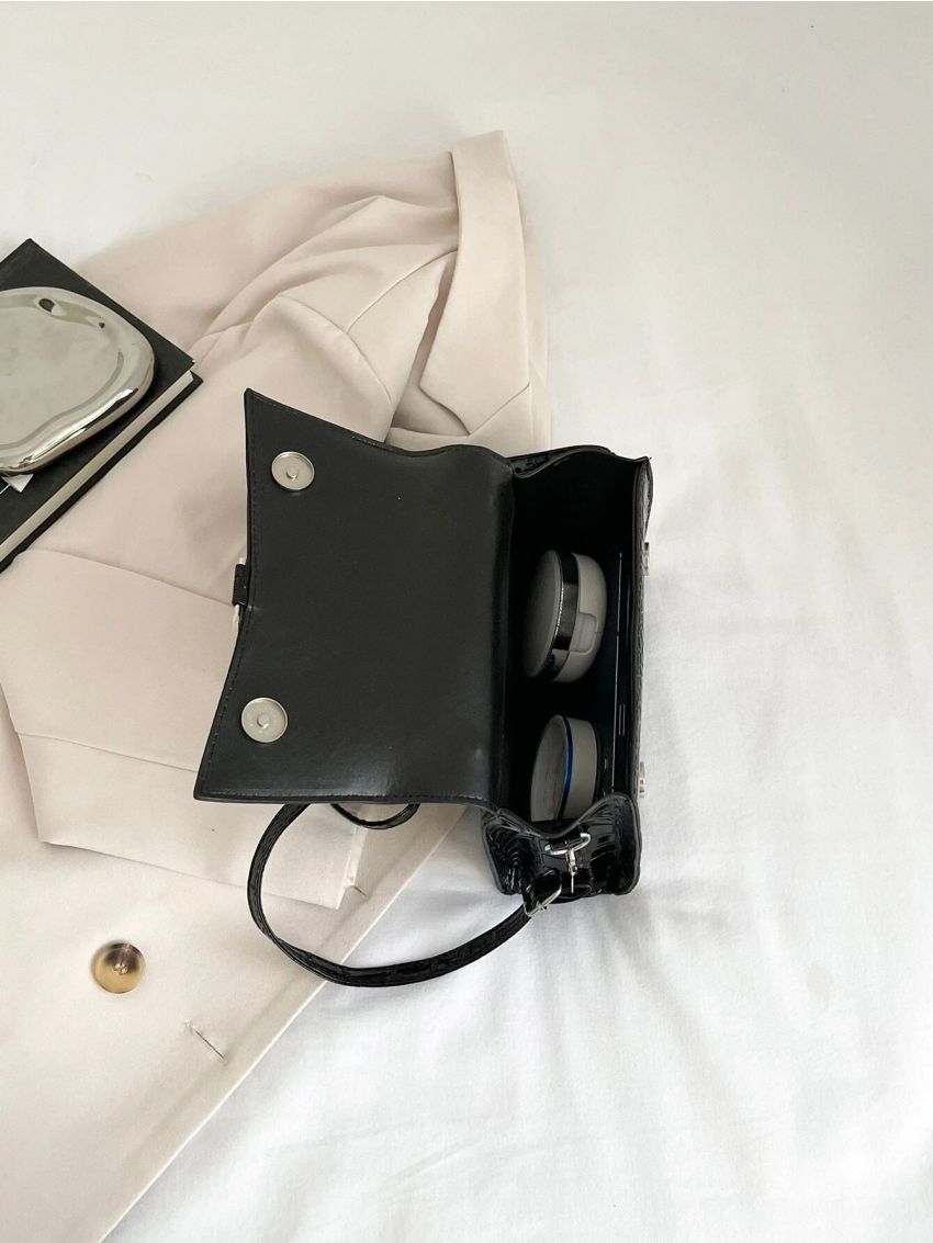 Crocodile Embossed Square Bag Black Elegant Metal Decor Top Handle For Work