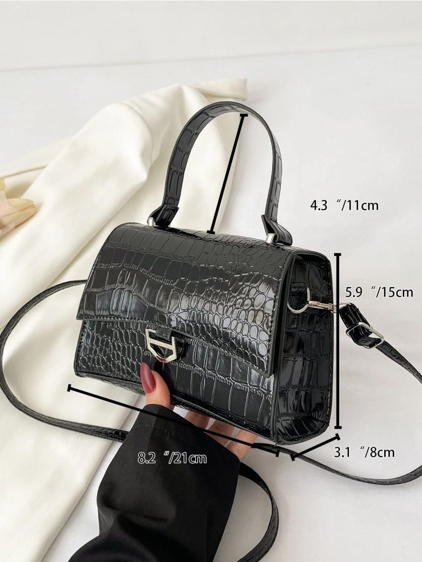 Crocodile Embossed Square Bag Black Elegant Metal Decor Top Handle For Work