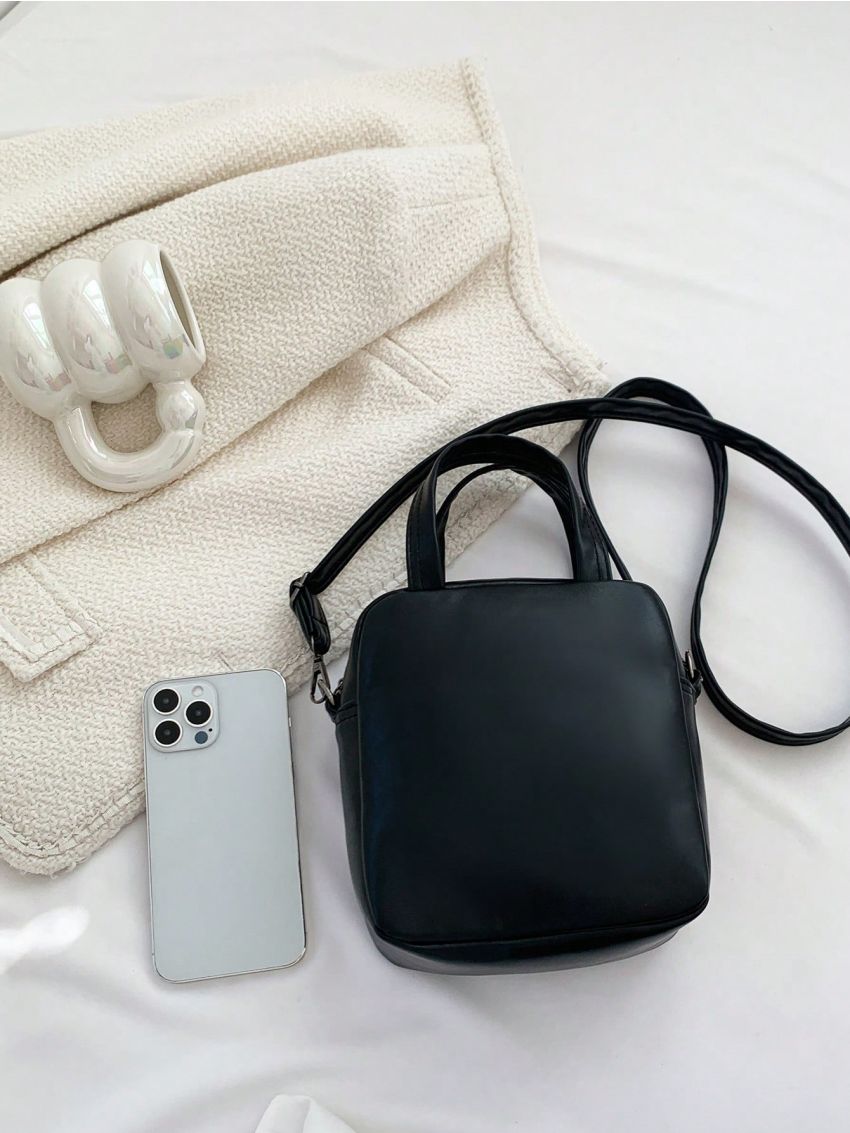 Mini Square Bag Minimalist Black Double Handle PU