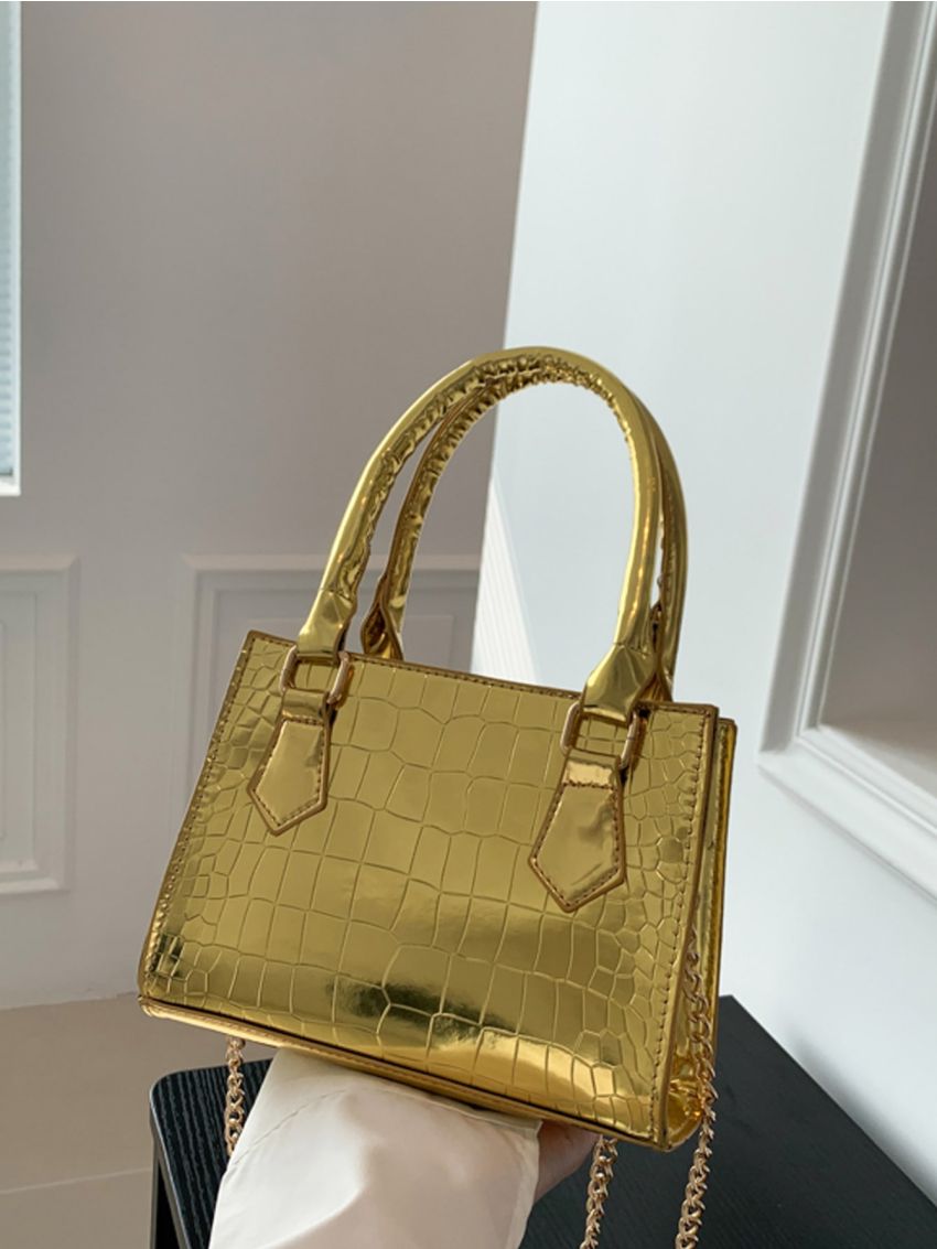 Mini Crocodile Embossed Square Bag Gold Double Handle Chain Strap