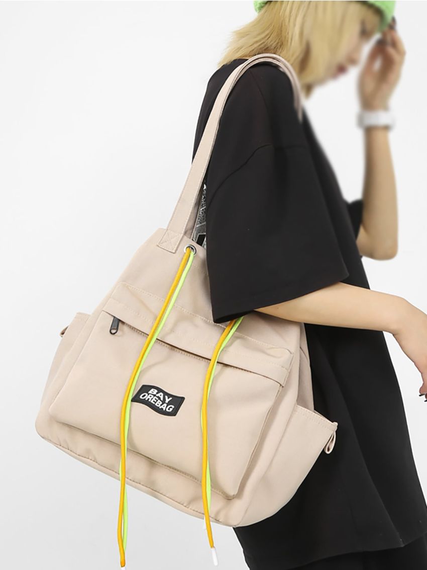 Letter Patch Shoulder Tote Bag Pocket Front Large Capacity For Daily