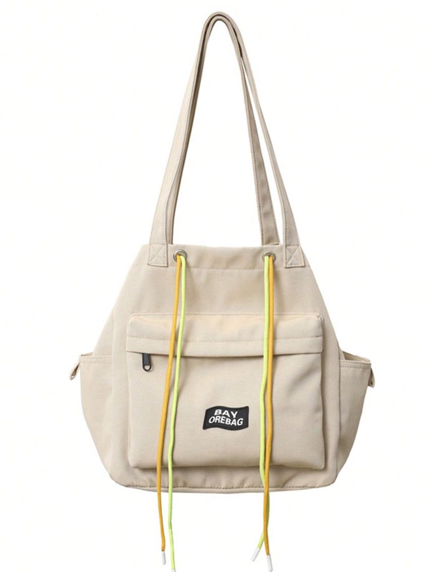 Letter Patch Shoulder Tote Bag Pocket Front Large Capacity For Daily