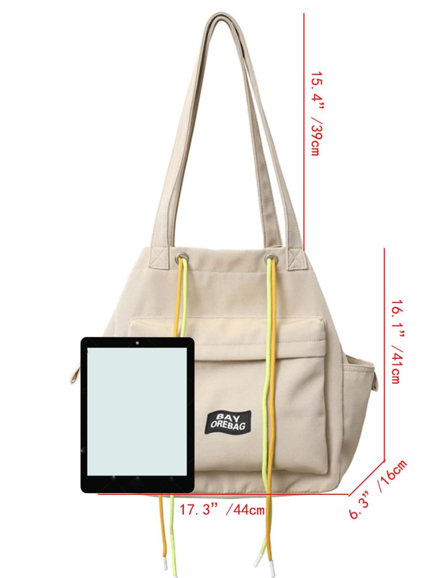 Letter Patch Shoulder Tote Bag Pocket Front Large Capacity For Daily