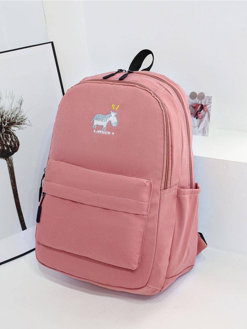 Pink Classic Backpack Letter Pattern Pocket Front For School