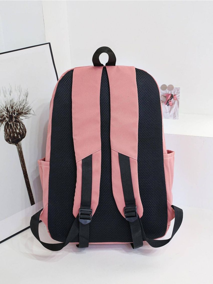 Pink Classic Backpack Letter Pattern Pocket Front For School