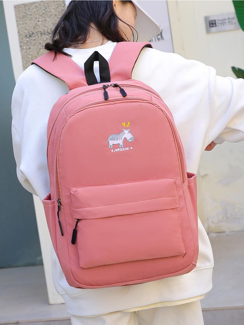 Pink Classic Backpack Letter Pattern Pocket Front For School