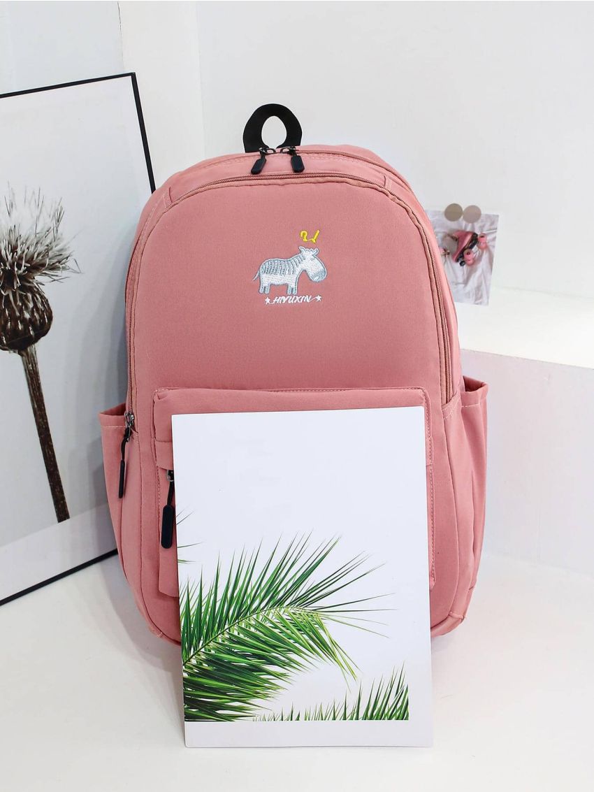 Pink Classic Backpack Letter Pattern Pocket Front For School