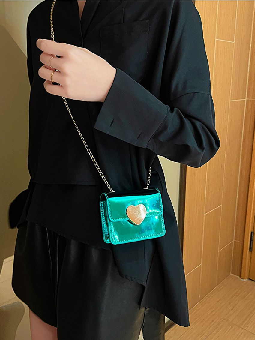 Mini Square Bag Heart Decor Chain Strap Metallic Pattern