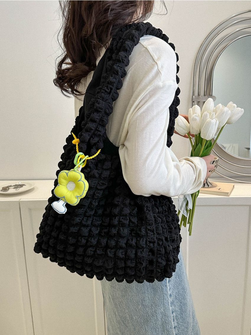Ruched Detail Shopper Bag Casual With Cartoon Bag Charm