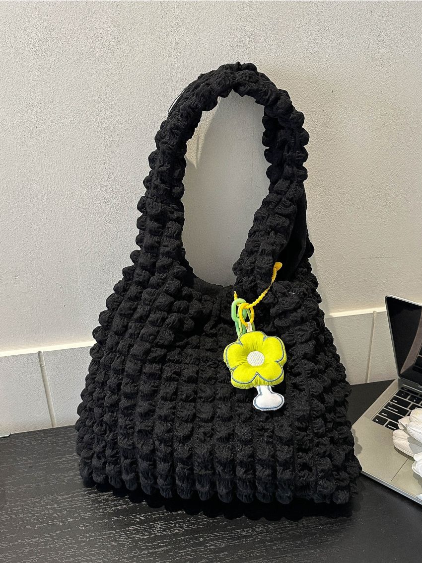 Ruched Detail Shopper Bag Casual With Cartoon Bag Charm