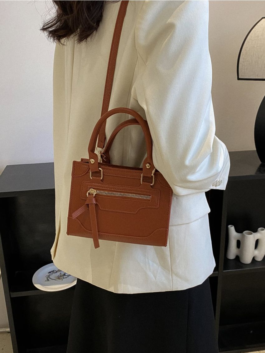 Mini Zip Front Square Bag Double Handle