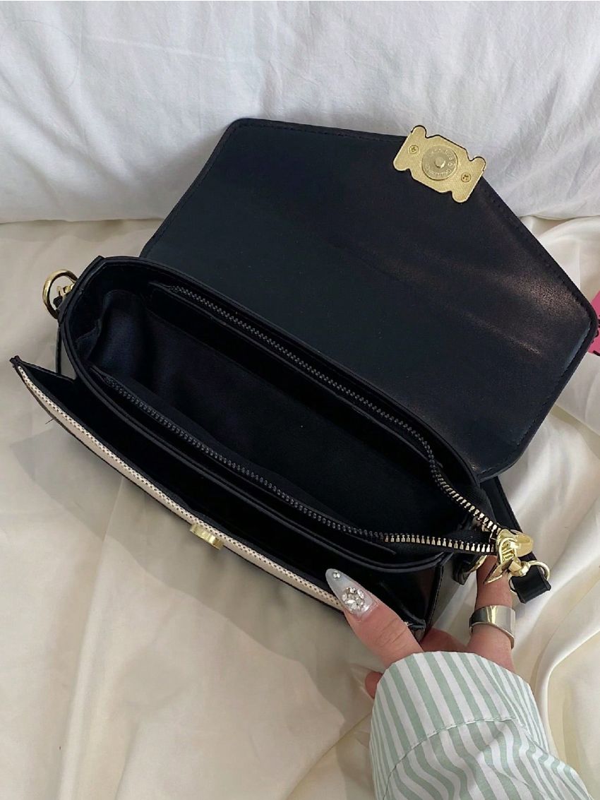 Metal Decor Flap Square Bag Two Tone Fashion
