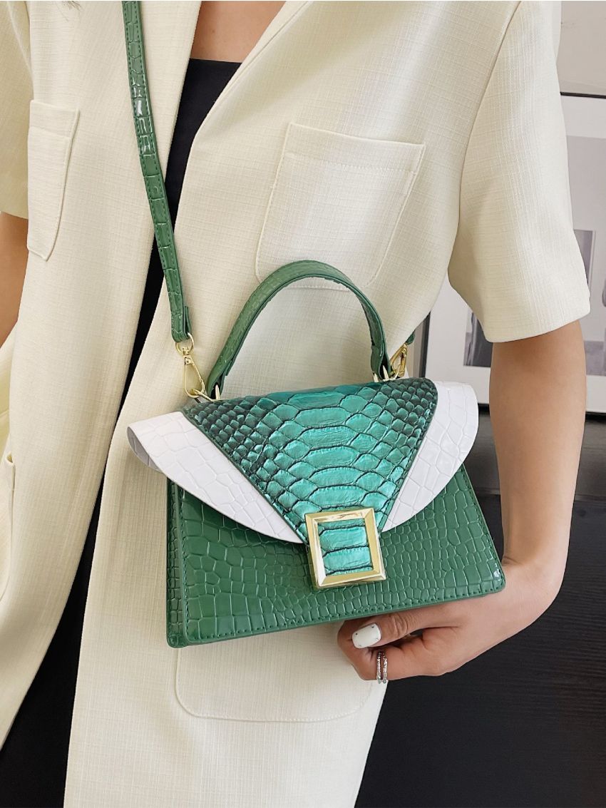 Snakeskin Embossed Square Bag Metal Decor Fashion Metallic