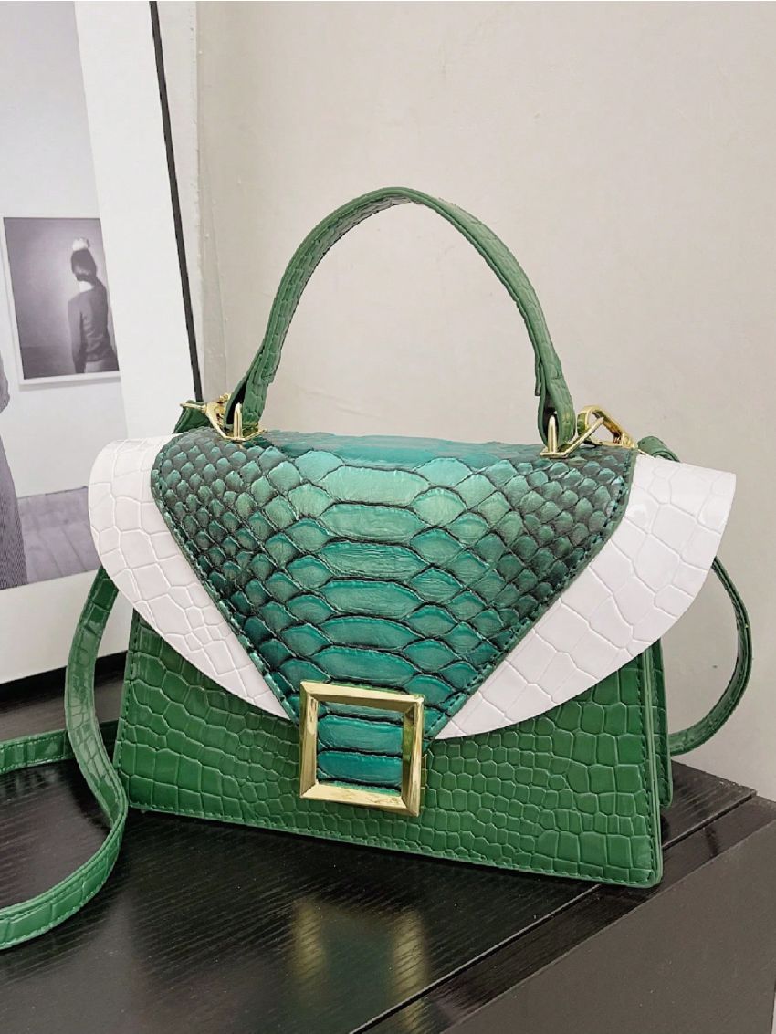 Snakeskin Embossed Square Bag Metal Decor Fashion Metallic