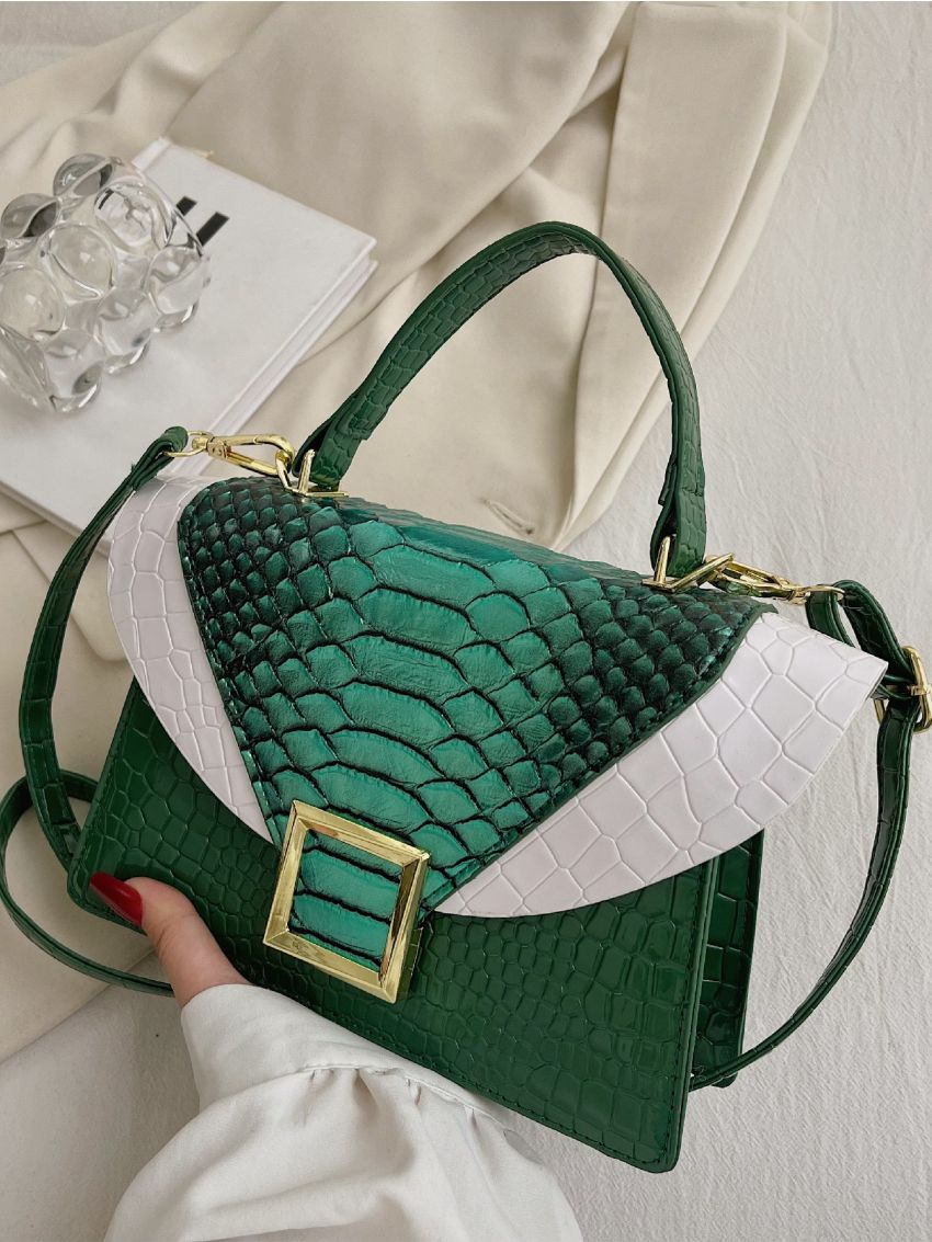 Snakeskin Embossed Square Bag Metal Decor Fashion Metallic