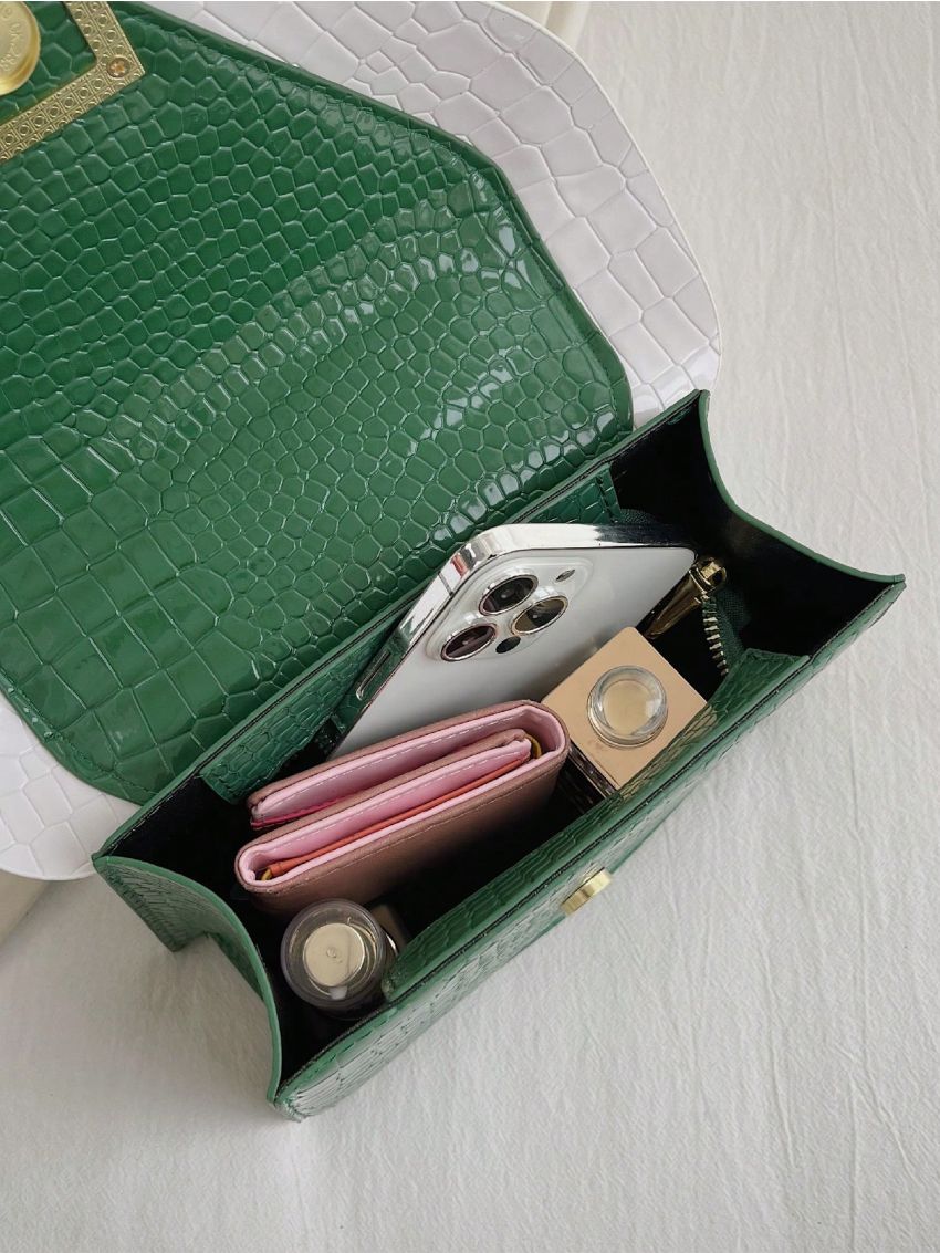 Snakeskin Embossed Square Bag Metal Decor Fashion Metallic