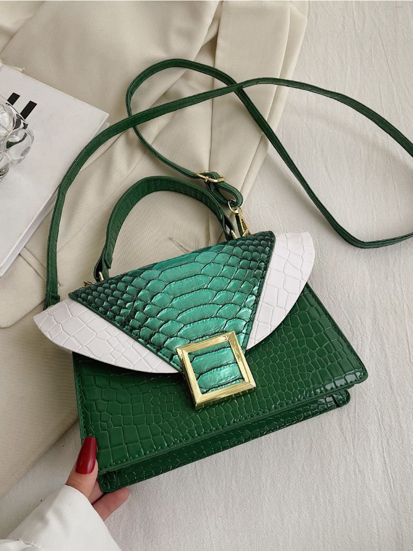 Snakeskin Embossed Square Bag Metal Decor Fashion Metallic