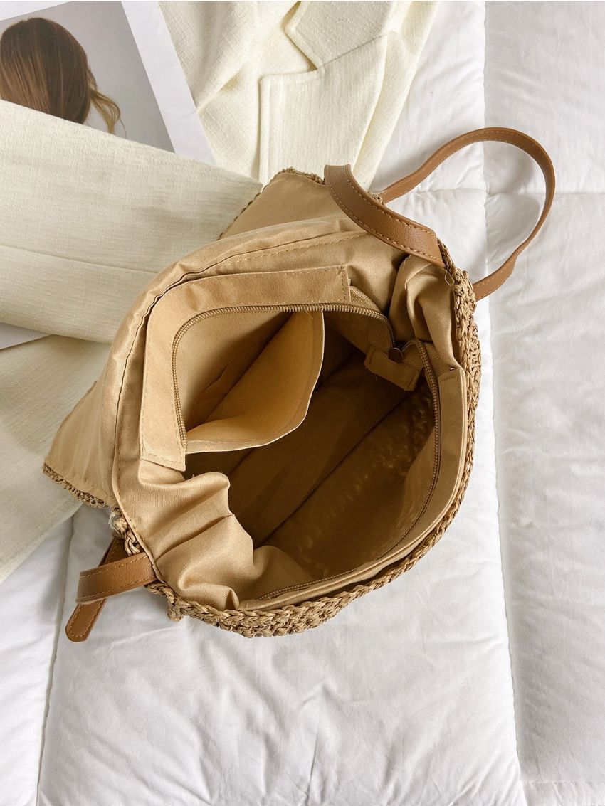 Medium Flap Straw Bag Flower Pattern