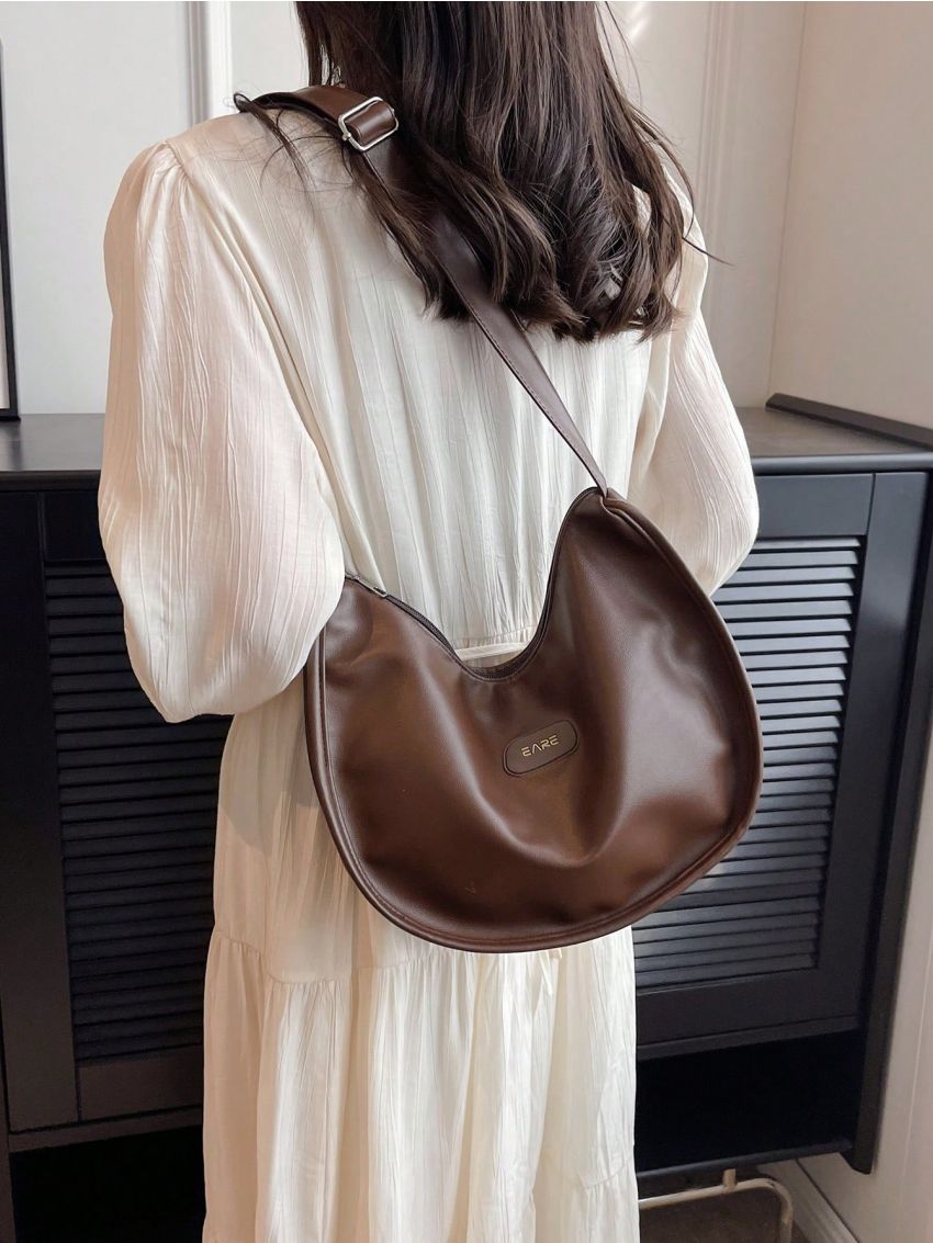 Minimalist Hobo Bag Letter Patch Decor Elegant