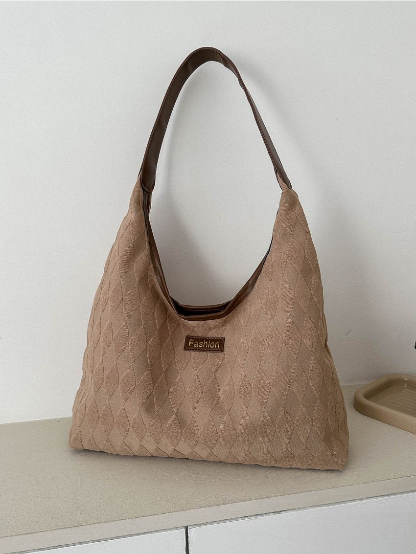 Large Hobo Bag Letter Patch Decor Geometric Embossed