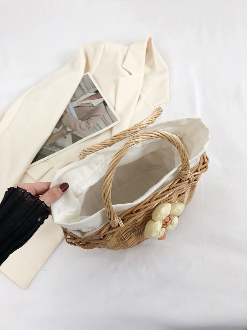 Medium Straw Bag Double Handle Flower Decor