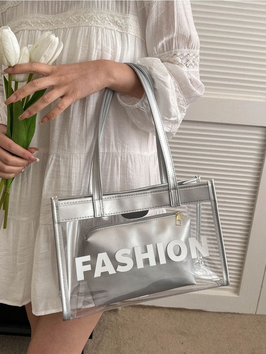 Clear Beach Bag Letter Graphic Contrast Binding With Inner Pouch