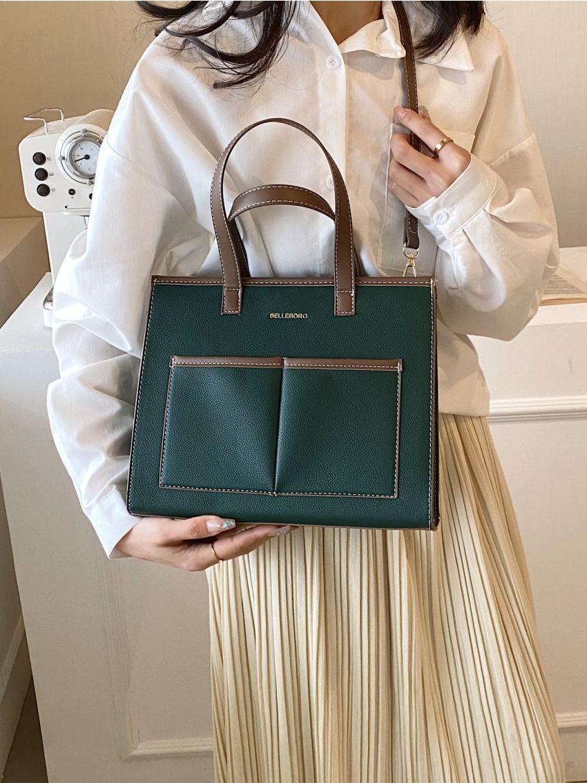 Litchi Embossed Square Bag Contrast Binding Stitch Detail