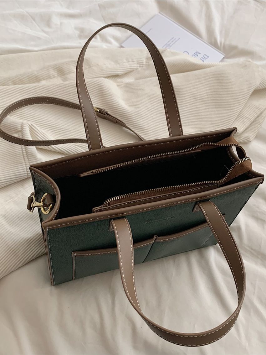 Litchi Embossed Square Bag Contrast Binding Stitch Detail