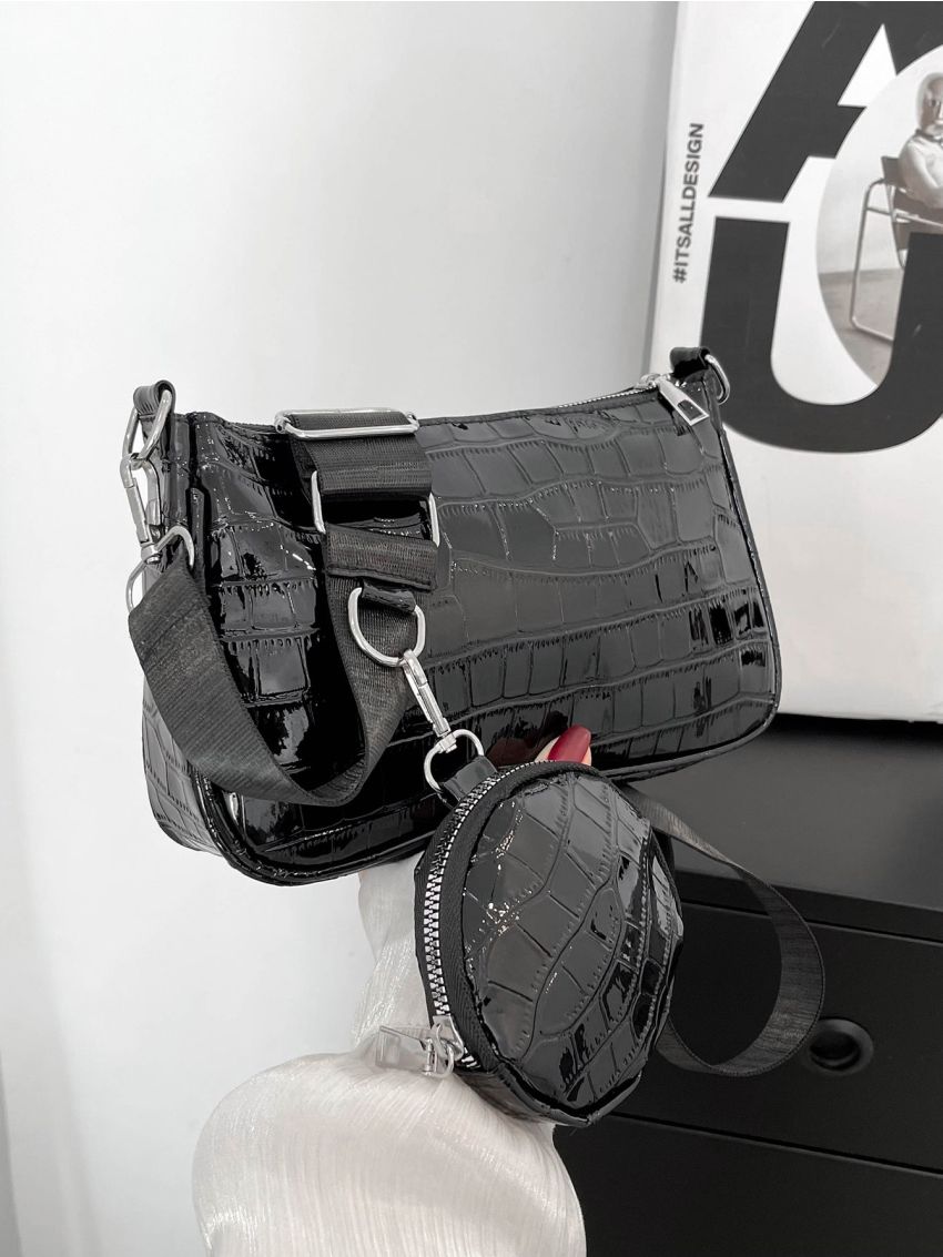 Crocodile Embossed Square Bag With Coin Purse Minimalist