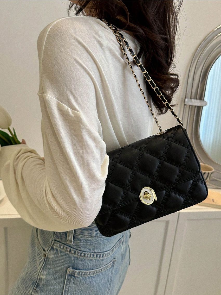 Mini Flap Square Bag Quilted Pattern Turn Lock