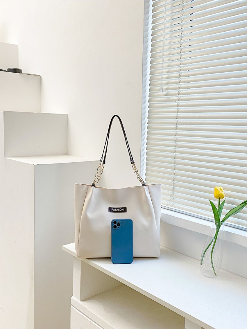 Letter Patch Decor Shoulder Tote Bag With Cartoon Bag Charm