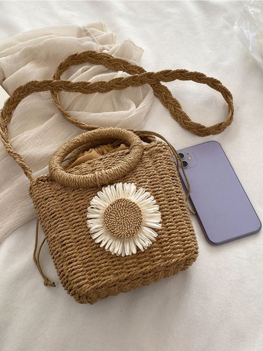 Flower Decor Straw Bag Mini Vacation