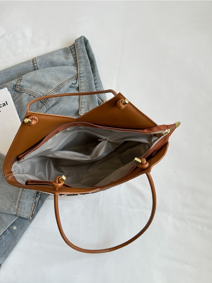 Letter Graphic Straw Bag Contrast Binding Vacation