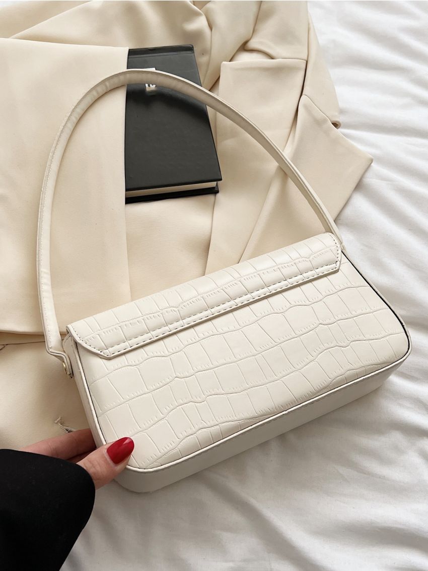 Crocodile Embossed Baguette Bag Small Flap