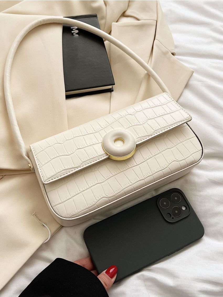 Crocodile Embossed Baguette Bag Small Flap