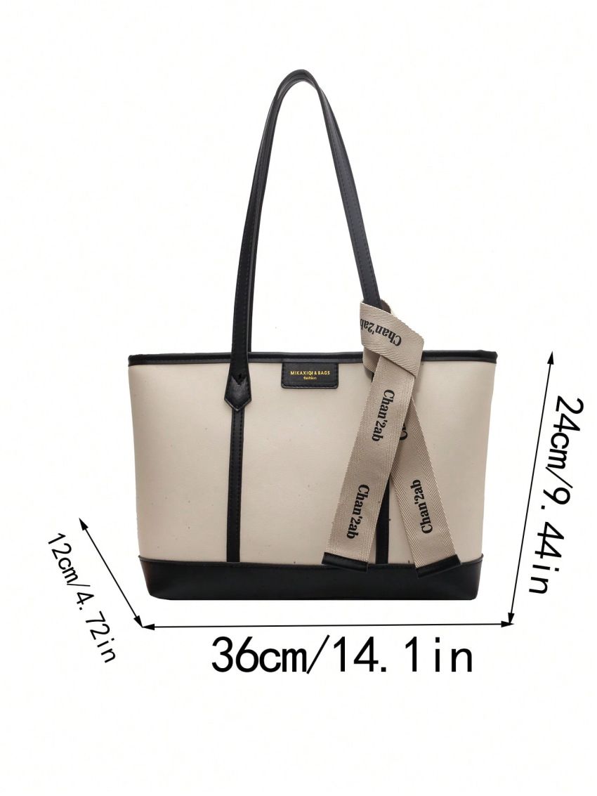 Colorblock Tote Bag Double Handle Letter Patch Decor