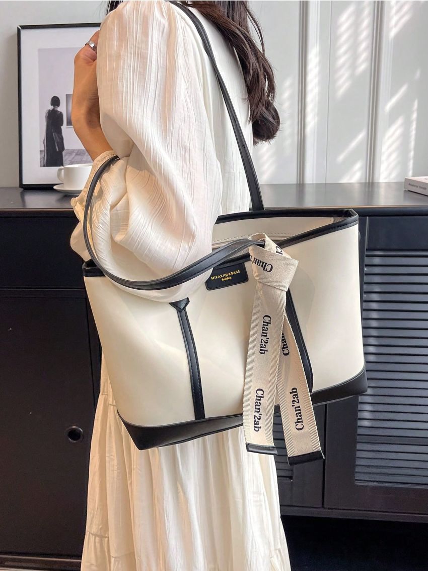 Colorblock Tote Bag Double Handle Letter Patch Decor