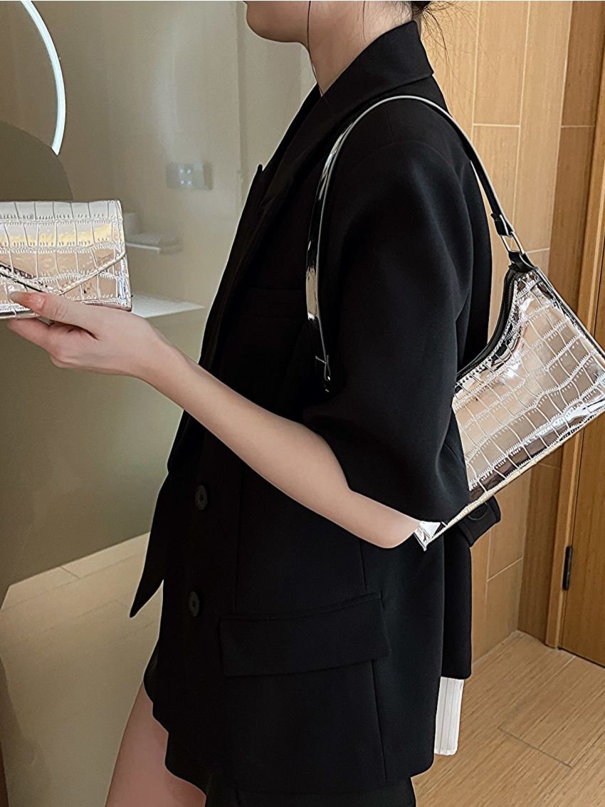 Crocodile Embossed Baguette Bag Metallic Funky With Small Wallet