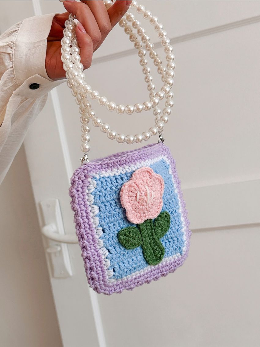 Faux Pearl Beaded Crochet Bag Flower Graphic Mini