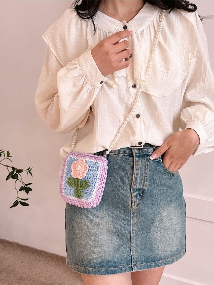 Faux Pearl Beaded Crochet Bag Flower Graphic Mini