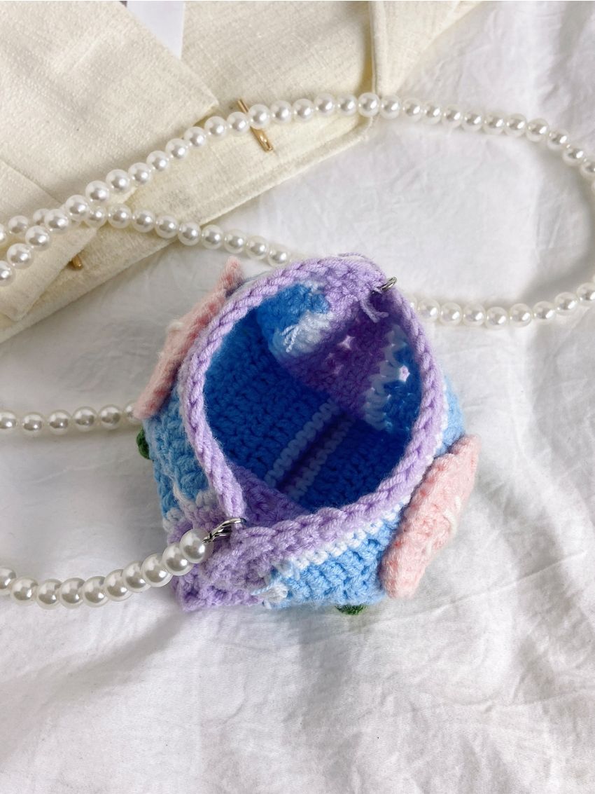 Faux Pearl Beaded Crochet Bag Flower Graphic Mini