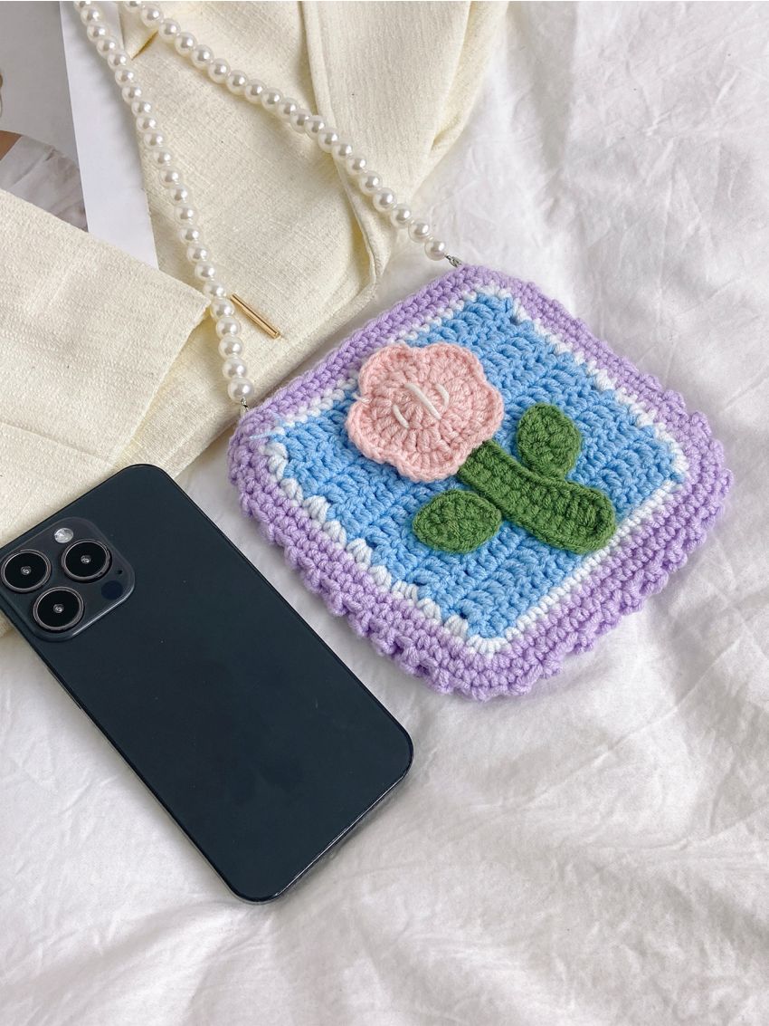 Faux Pearl Beaded Crochet Bag Flower Graphic Mini