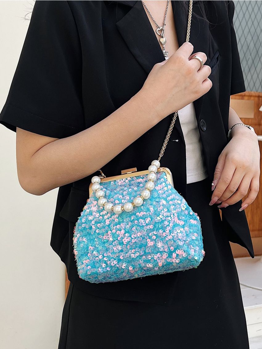 Sequin Decor Square Bag Faux Pearl Beaded Mini For Party