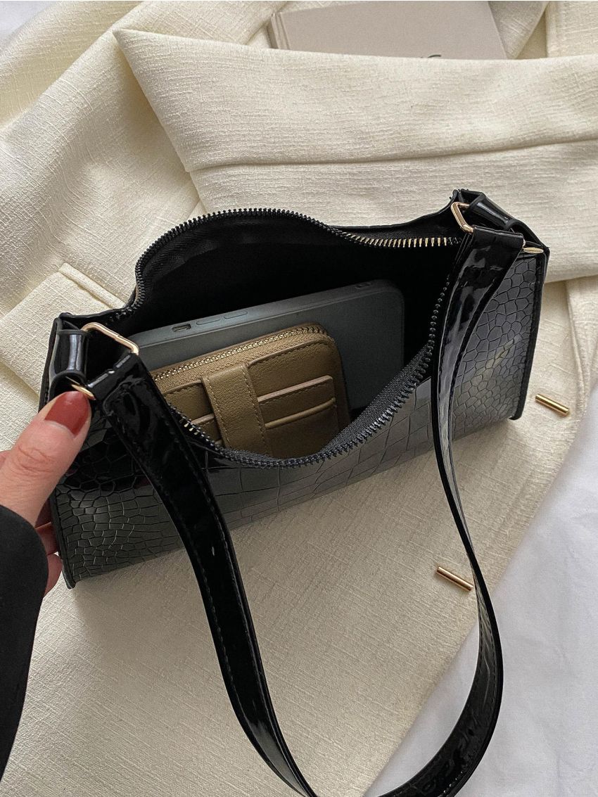 Crocodile Embossed Baguette Bag Small Black