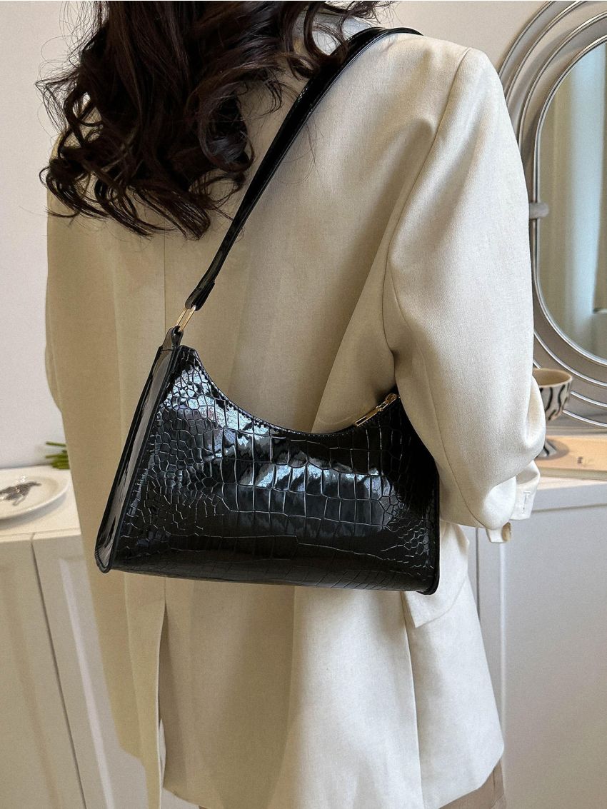 Crocodile Embossed Baguette Bag Small Black