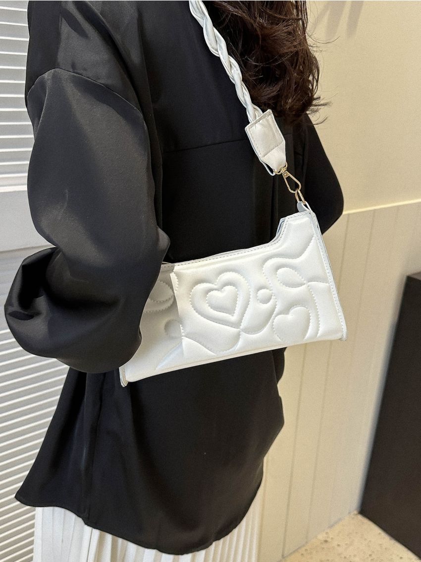 Heart Quilted Baguette Bag Small White