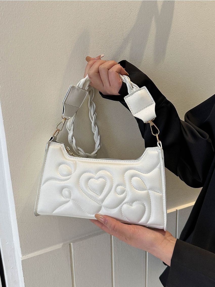Heart Quilted Baguette Bag Small White